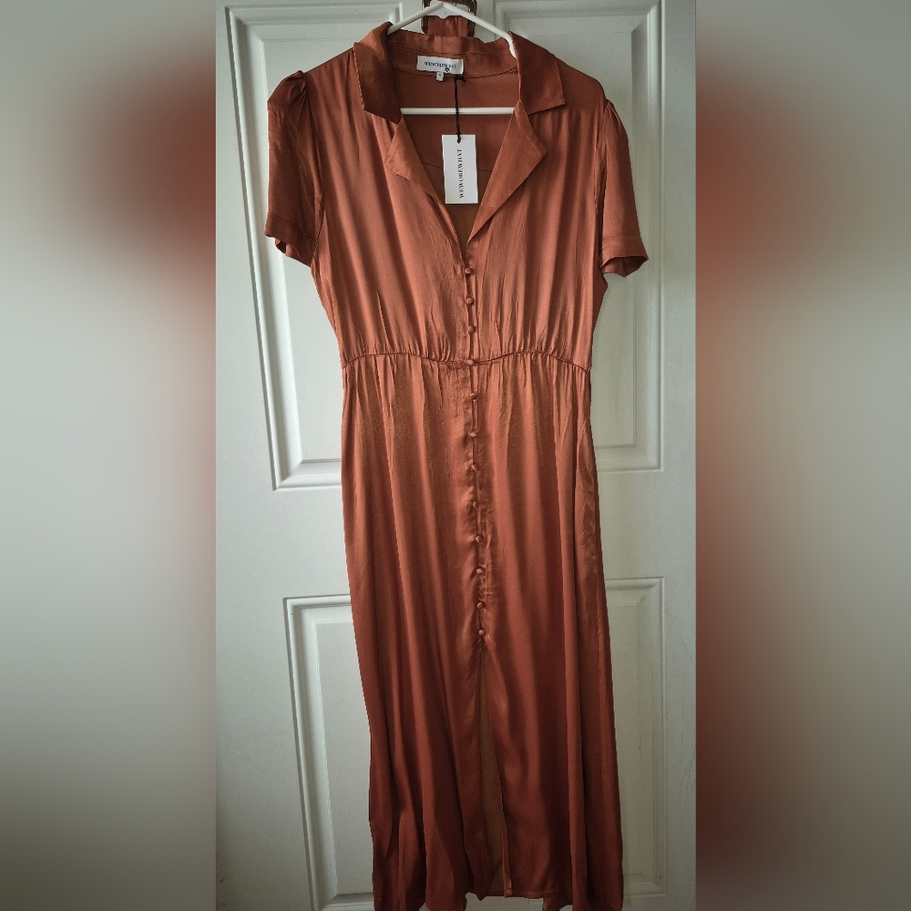 WeWoreWhat silky buttondown cinnamon shirt dress M medium NWT